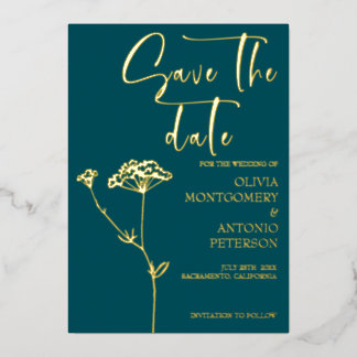 Invitación Con Relieve Metalizado Modern Minimalist Floral Teal Save the date