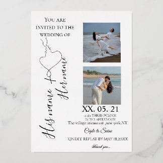Invitación Con Relieve Metalizado Modern Minimalist Line Art Couple Photo Wedding In