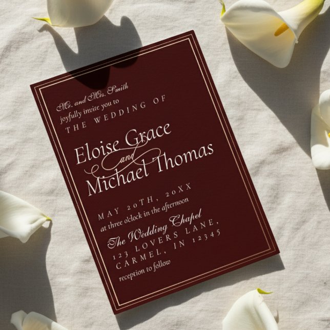 Invitación Con Relieve Metalizado Modern Minimalist Script Vineyard Red Wedding (Announce your special day with this luxurious Real Foil Wedding Invitation!)