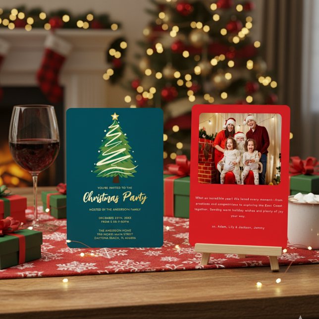 Invitación Con Relieve Metalizado Modern Personalize Gold Red Green Tree Christmas  (Subido por el creador)