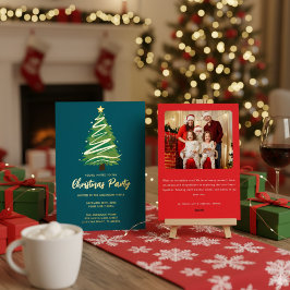 Invitación Con Relieve Metalizado Modern Personalize Gold Red Green Tree Christmas 