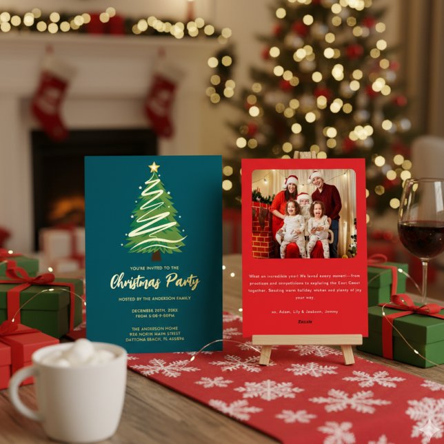 Invitación Con Relieve Metalizado Modern Personalize Gold Red Green Tree Christmas  (Subido por el creador)