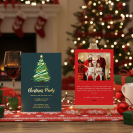 Invitación Con Relieve Metalizado Modern Personalize Gold Red Green Tree Christmas 