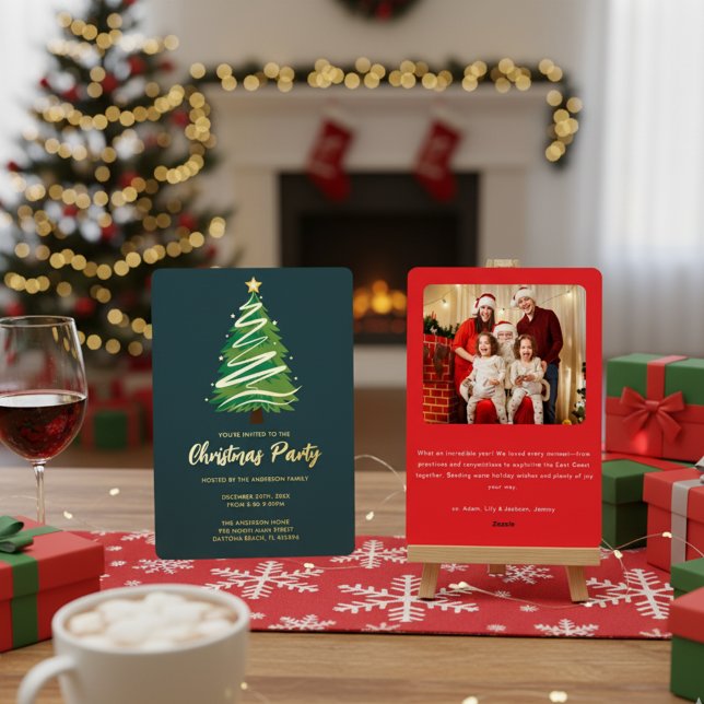 Invitación Con Relieve Metalizado Modern Personalize Gold Red Green Tree Christmas  (Subido por el creador)