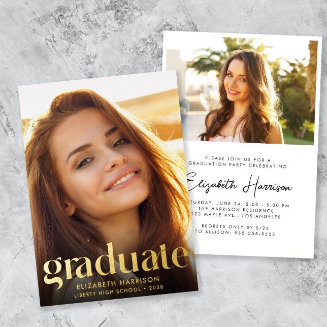 Invitación Con Relieve Metalizado Modern Photo Graduation Party (Modern Photo Graduation Party Foil Invitation)