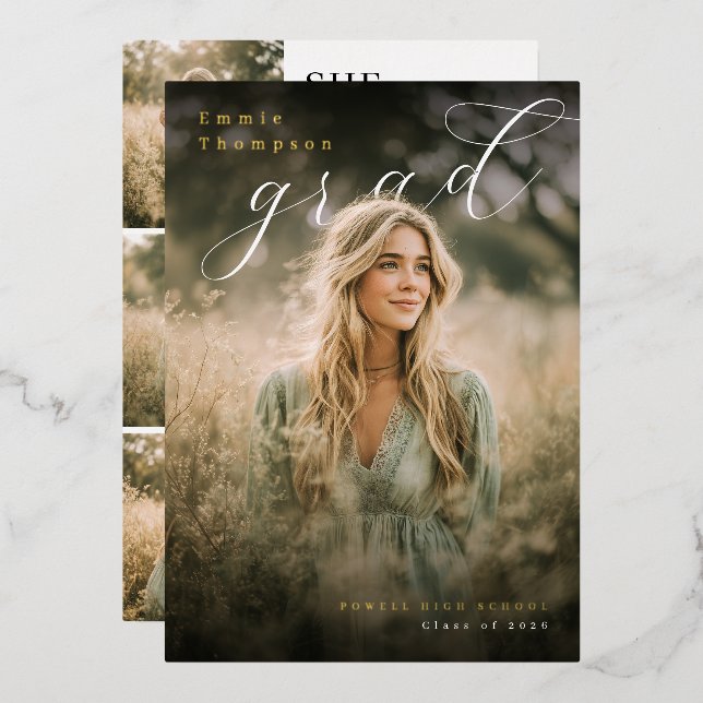 Invitación Con Relieve Metalizado Modern PhotoPop Collage Graduation Party (Anverso/Reverso)