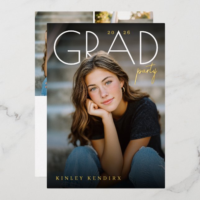 Invitación Con Relieve Metalizado Modern PhotoPop Graduation Party (Anverso/Reverso)