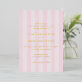 Invitación Con Relieve Metalizado Modern Pink Stripes Elegant Wedding