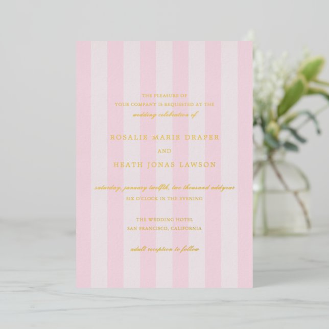 Invitación Con Relieve Metalizado Modern Pink Stripes Elegant Wedding (Anverso de pie)