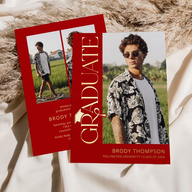 Invitación Con Relieve Metalizado Modern Red Tassel 3 Photo Graduation (Subido por el creador)