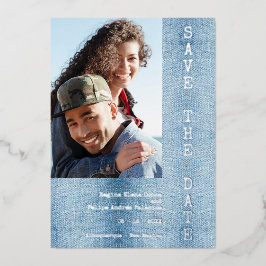 Invitación Con Relieve Metalizado Modern Romantic Blue Jean Engaged Couple Photo