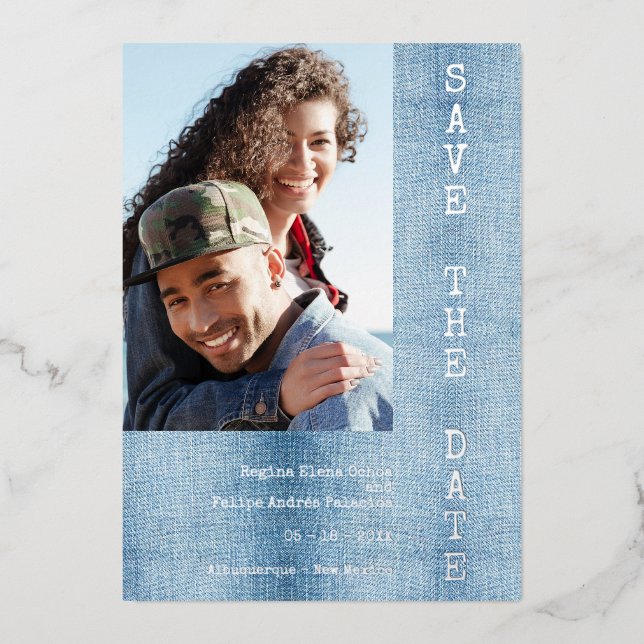 Invitación Con Relieve Metalizado Modern Romantic Blue Jean Engaged Couple Photo (Anverso)