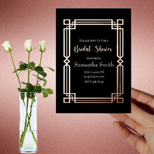 Invitación Con Relieve Metalizado Modern Rose Gold Border on Black Bridal Shower