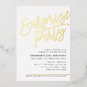 Invitación Con Relieve Metalizado MODERN SCRIPT fiesta de cumpleaños sorpresa oro ne
