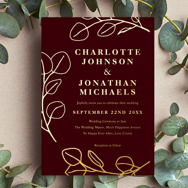 Invitación Con Relieve Metalizado Modern Simple Leaves Burgundy and Gold (Elegant Simple eucalyptus leave line art burgundy and gold foil invitation)