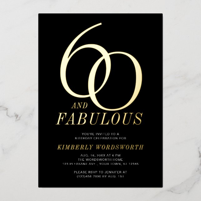 Invitación Con Relieve Metalizado Modern Sixty and Fabulous 60th Birthday Black Gold (Anverso)