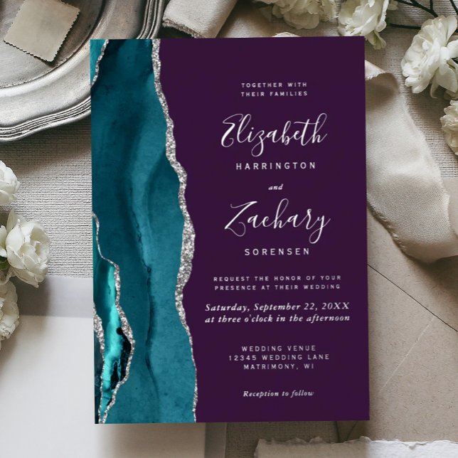 Invitación Con Relieve Metalizado Modern Teal Silver Agate Purple Wedding (Subido por el creador)