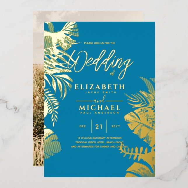 Invitación Con Relieve Metalizado Modern Tropical Disco Gold PHOTO Wedding (Anverso/Reverso)