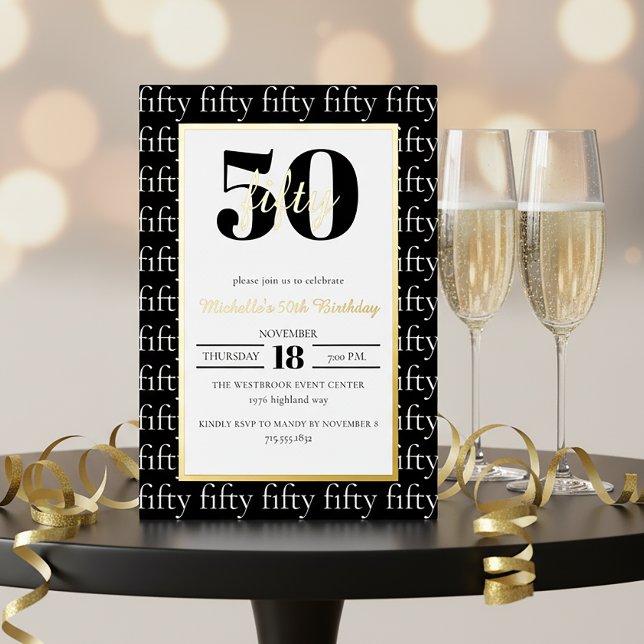 Invitación Con Relieve Metalizado Modern Typography 50th Birthday Party Black Gold (Subido por el creador)
