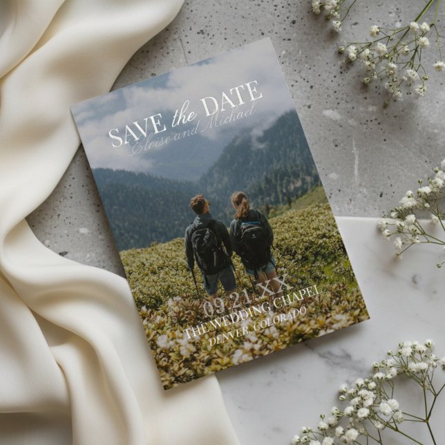Invitación Con Relieve Metalizado Modern Vertical Double-sided Photo Save The Date (Invite guests to save the date with this Modern Double-sided Photo Save The Date Foil Card!)