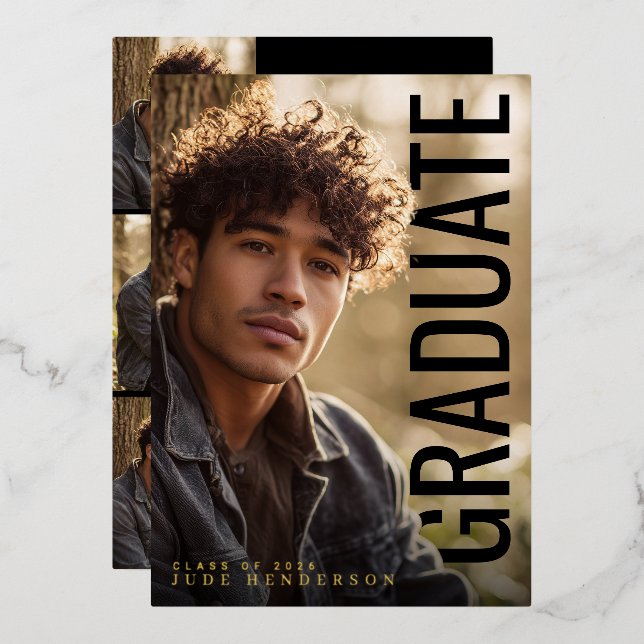 Invitación Con Relieve Metalizado Modern Vertical PhotoPop Graduation Party (Anverso/Reverso)