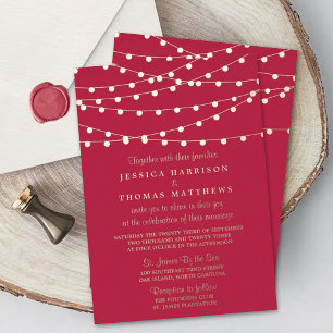 Invitación Con Relieve Metalizado Modern Viva Magenta String Lights Wedding Real