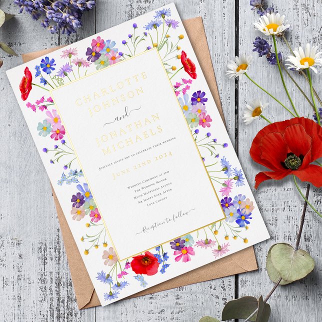 Invitación Con Relieve Metalizado Moderna acuarela de flores silvestres Elegante Bod (Colorful wildflower boho chic gold foil wedding invitation)