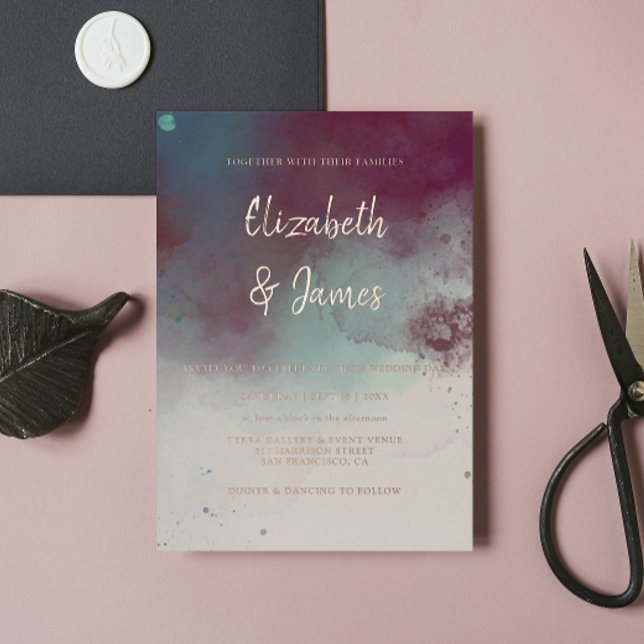 Invitación Con Relieve Metalizado Moderna acuarela Jewel Tones Boho Boda (Subido por el creador)