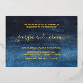 Invitación Con Relieve Metalizado Moderna acuarela marina azul Boda oro