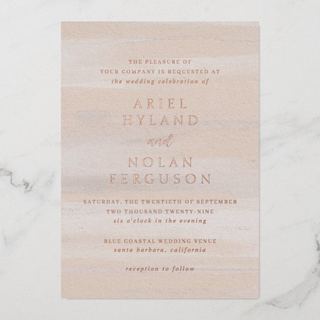 Invitación Con Relieve Metalizado Moderna acuarela Neutral Elegante Boda (Anverso)