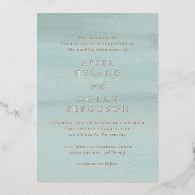 Invitación Con Relieve Metalizado Moderna acuarela verde elegante matrimonio (Anverso)