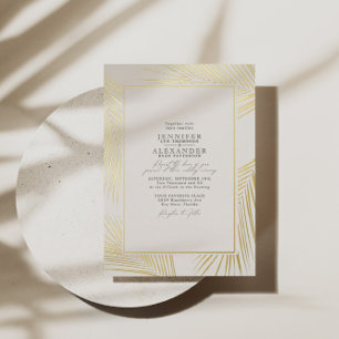 Invitación Con Relieve Metalizado Moderna Beach Palm Boda Ivory Gold