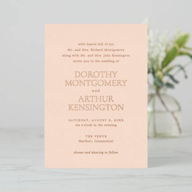 Invitación Con Relieve Metalizado Moderna Boda Elegante de Peach (Anverso de pie)