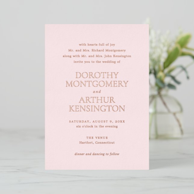 Invitación Con Relieve Metalizado Moderna Boda Elegante Rosa (Anverso de pie)