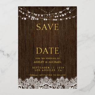Invitación Con Relieve Metalizado Moderna Boda Rústico Sencillo Twinkle Lights Save 