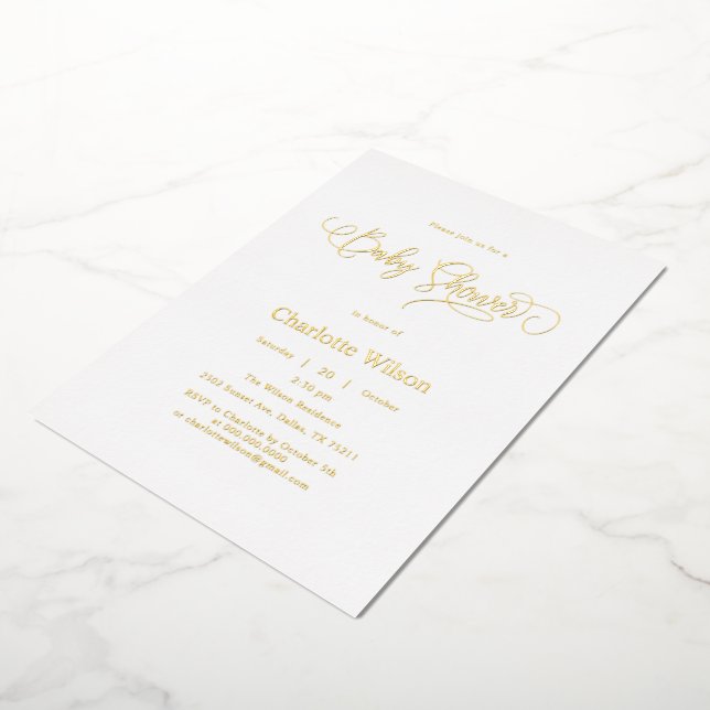 Invitación Con Relieve Metalizado Moderna caligrafía mínima Baby Boy Shower (girado)