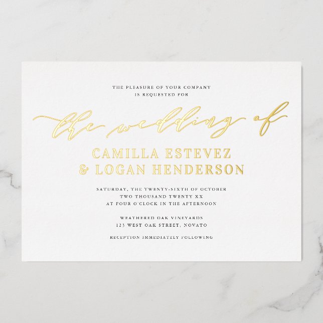 Invitación Con Relieve Metalizado Moderna caligrafía Script Boda Blanco + Oro (Anverso)