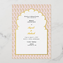 Invitación Con Relieve Metalizado Moderna ceremonia de Mehendi rosa y oro indio