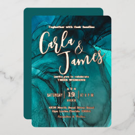 Invitación Con Relieve Metalizado moderna color de agua Verde azulada oscuro boda de