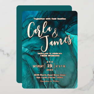 Invitación Con Relieve Metalizado moderna color de agua Verde azulada oscuro boda de