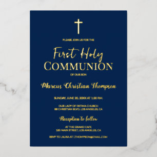 Invitación Con Relieve Metalizado Moderna Cruz de Oro Azul primera comunión santa