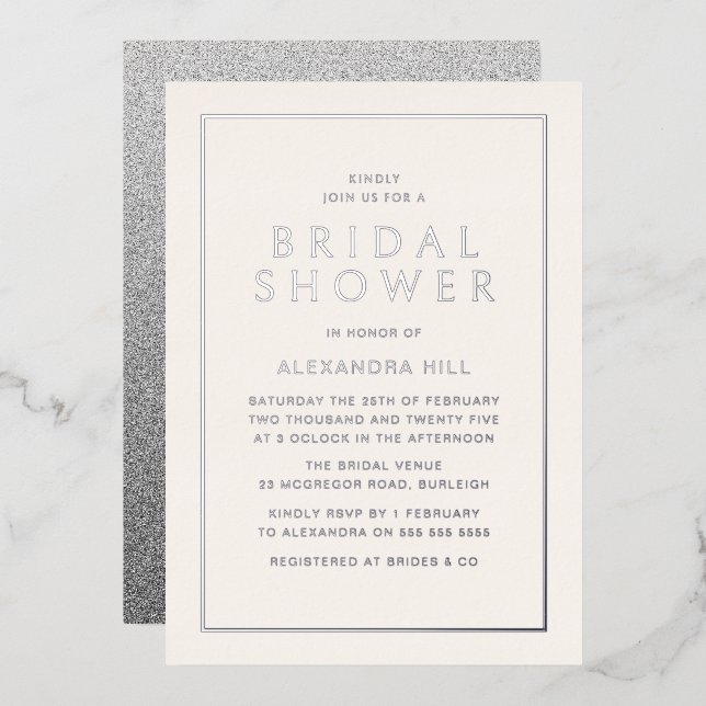 Invitación Con Relieve Metalizado Moderna ducha nupcial mínima plateada (Anverso/Reverso)