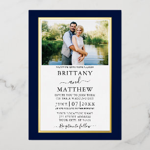 Invitación Con Relieve Metalizado Moderna Elegante Boda Foto Azul Dorado