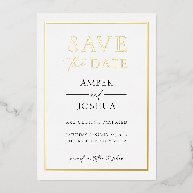 Invitación Con Relieve Metalizado Moderna Elegante Save the Date de Boda con Foil (Anverso)
