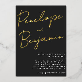 Invitación Con Relieve Metalizado Moderna escritura Black White Gold Elegant Wedding