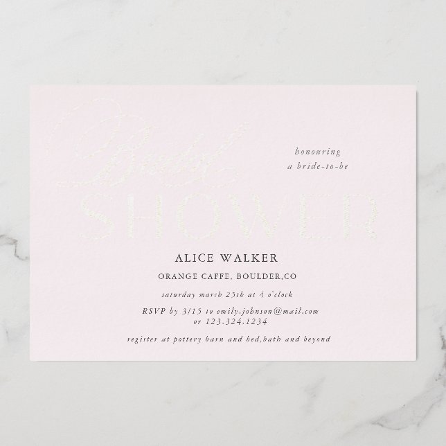 Invitación Con Relieve Metalizado moderna escritura elegante ducha de novia (Anverso)