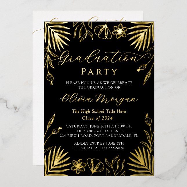 Invitación Con Relieve Metalizado Moderna escritura floral de oro negro foto F (Anverso/Reverso)