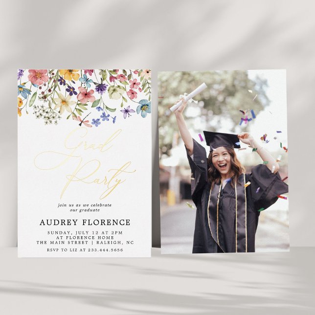 Invitación Con Relieve Metalizado Moderna fiesta de graduación de fotos florales de  (Subido por el creador)