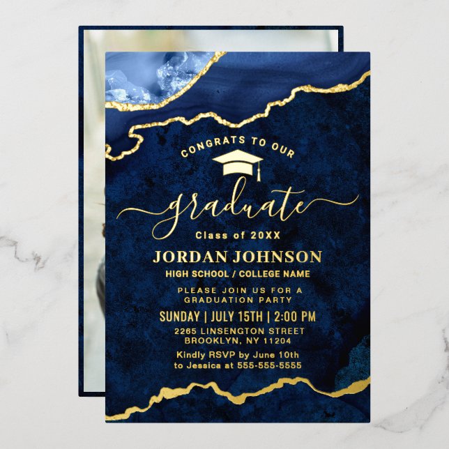 Invitación Con Relieve Metalizado Moderna fiesta de graduación de mármol azul de la  (Anverso/Reverso)
