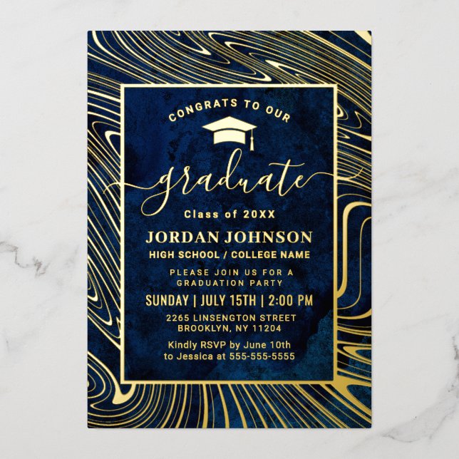 Invitación Con Relieve Metalizado Moderna fiesta de graduación de mármol azul de la  (Anverso)